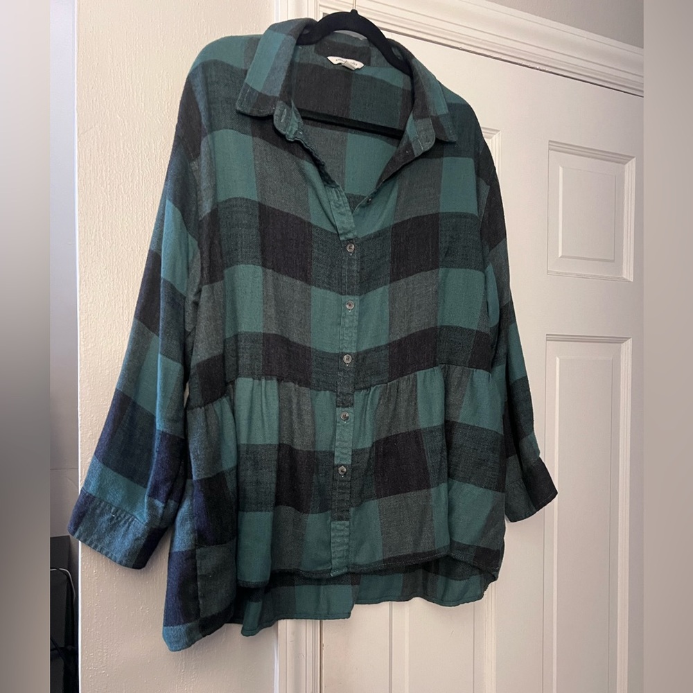 AE Button-Front Plaid Peplum Blouse